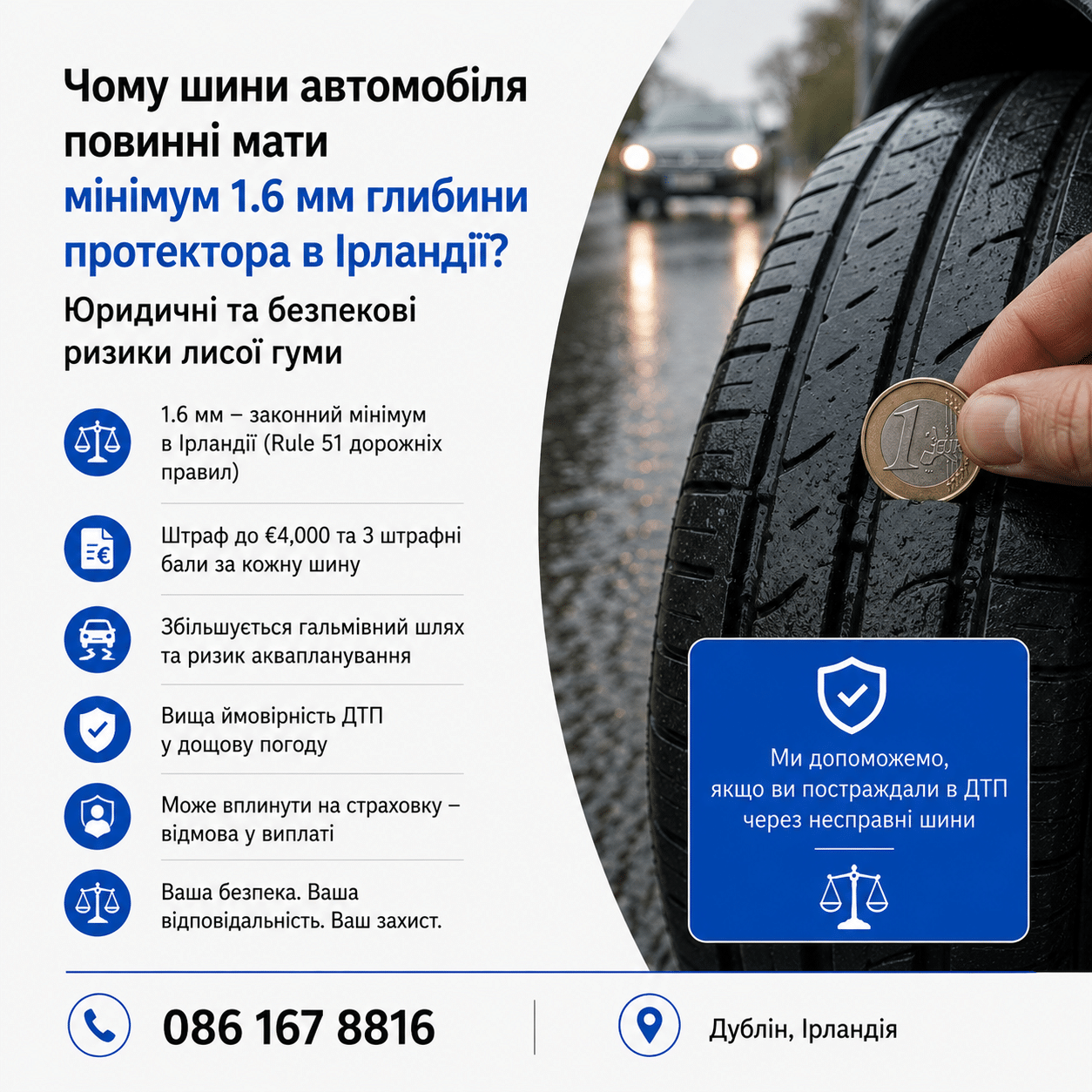 Чому шини автомобіля повинні мати мінімум 1.6 мм глибини протектора в Ірландії? Юридичні та безпекові ризики лисої гуми